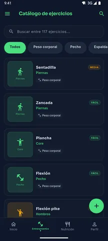 Catálogo de ejercicios con sentadilla, zancada, plancha y flexión