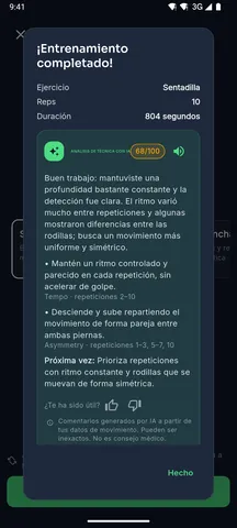 Informe de técnica tras una serie de sentadillas, con una puntuación y un consejo