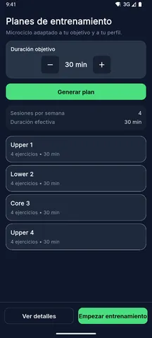 Pantalla de planes de entrenamiento con las sesiones de la semana