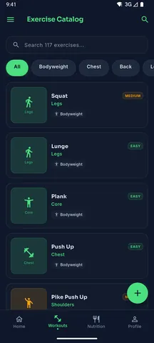 Exercise catalog with squat, lunge, plank and push-up