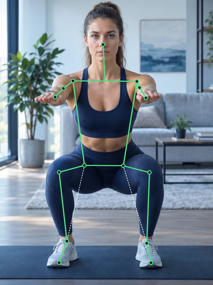 Woman at the bottom of a squat seen from the front, knees over the toes, the pose skeleton in green