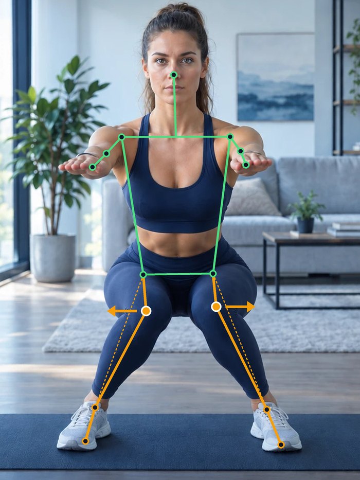 The same squat with the knees caving in, the pose skeleton and knee arrows in orange